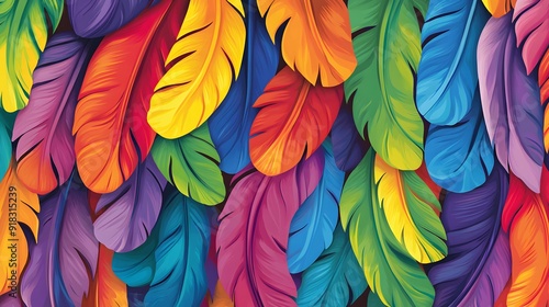 Mexican Art-Inspired Stylized Feather Pattern, Vibrant Color Palette, Ideal for Seamless Tiling