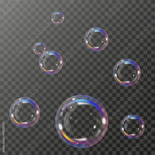 Realistic colorful soap bubbles with rainbow reflections and highlights.