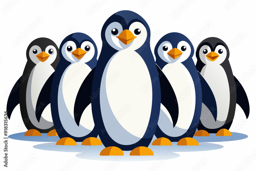 Naklejka premium Group of Five Cartoon Penguins Standing on Ice