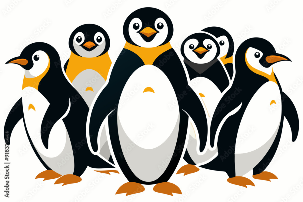 Naklejka premium Five Cartoon Penguins Standing Together
