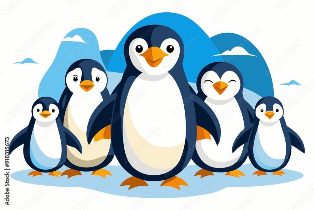 Naklejka premium Family of Five Cartoon Penguins Standing on Ice