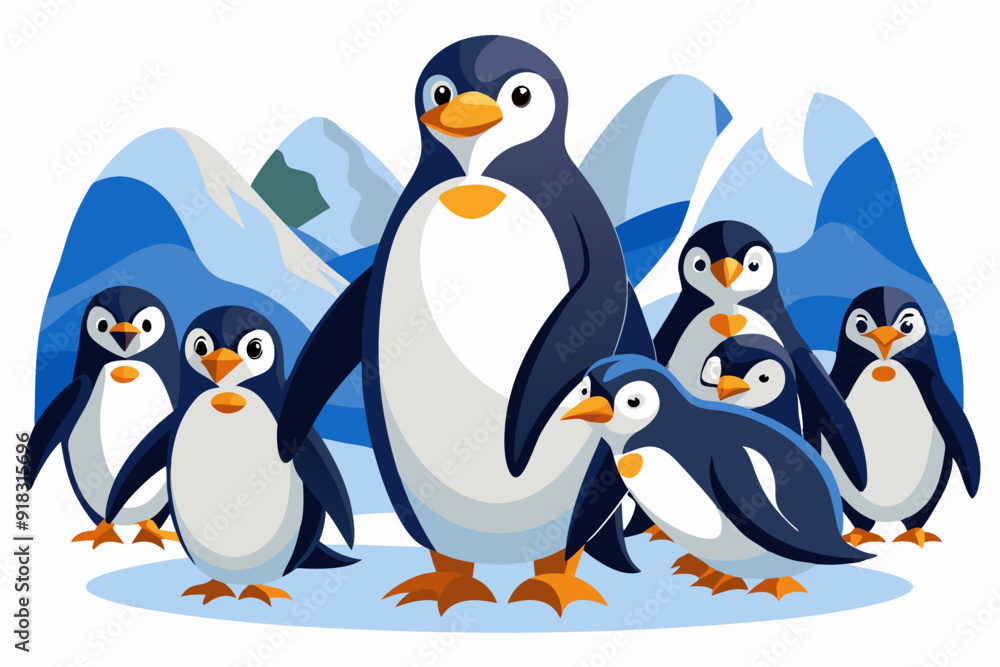 Naklejka premium A Group of Penguins Standing on Ice in a Snowy Landscape