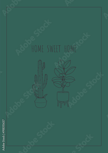 Outline potted plants on a new home greeting card with a green background. House plants in flower pots housewarming invitation. Indoor home plants in doodle line art style. Linear vector illustration.