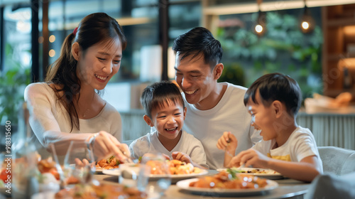 Joyful family of four shares a meal together, laughing and bonding over dinner at home.