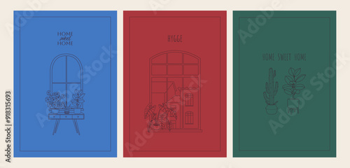Outline happy new home greeting card set. Housewarming invitations, postcards with line art house plants on the windowsill, cityscape, and red, green, and blue backgrounds. Linear vector illustration.