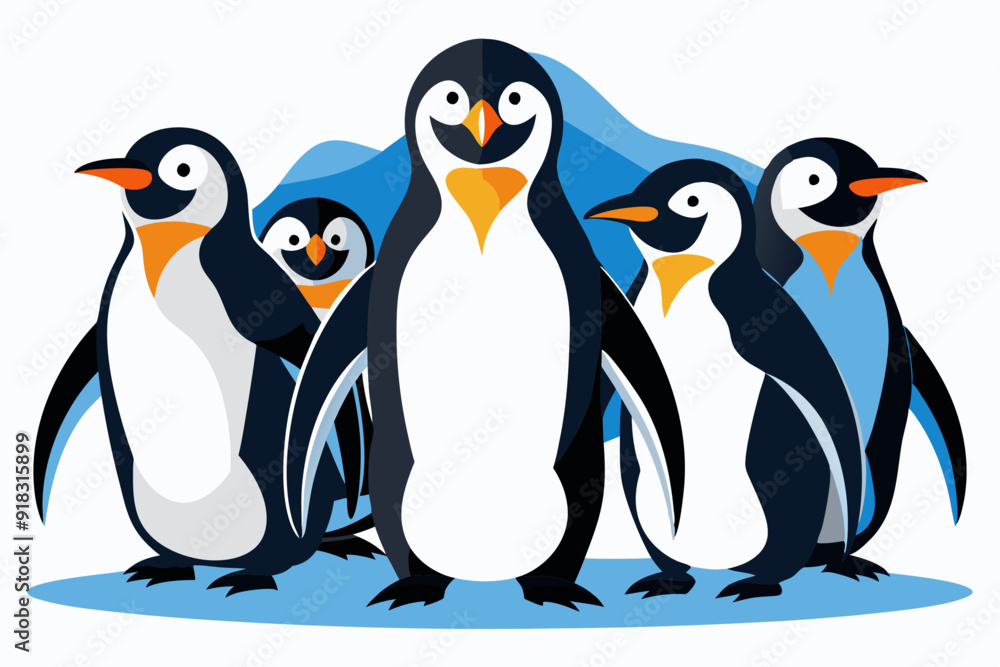 Obraz premium Five Penguins Standing Together on a Blue Surface