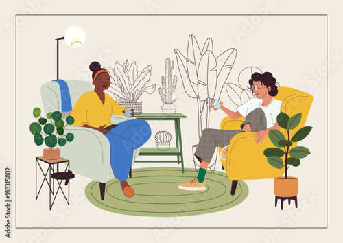 Relaxing in armchairs people in a cozy interior scene. Woman and man resting and chatting in Interior scene with furniture, and house plants. Housewarming vector illustration for card, poster
