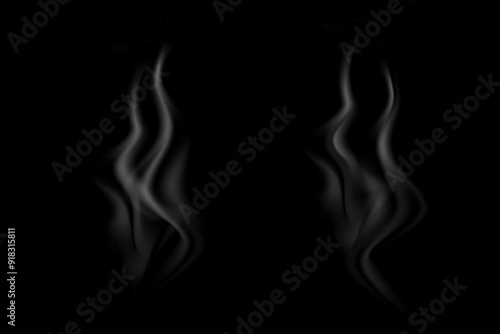 Simple smoke, hot smoke, coffee cup, food steam or vapor clouds, realistic smoke, hot dish or mug haze design elements on black background.