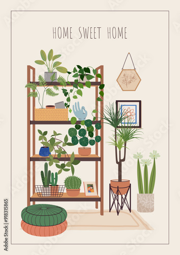 Interior scene with house plants for new home greeting card, print, poster, or housewarming invitation. New place to live in postcard with flower racks, flowers, and wall art. Flat vector illustration