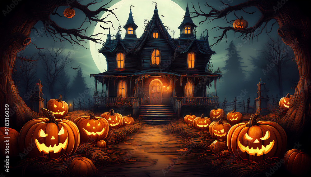 Haunted House with Halloween Pumpkins- A spooky scene featuring pumpkins in front of a haun_1(181) Haunted House with Halloween Pumpkins- A spooky scene featuring pumpkins in front of a haun_1(181)