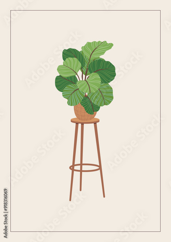 Potted plant on a new home greeting card, print, poster, or banner. Housewarming party invitation with house plant on a flowerpot stand. New place to live in postcard. Flat vector illustration.