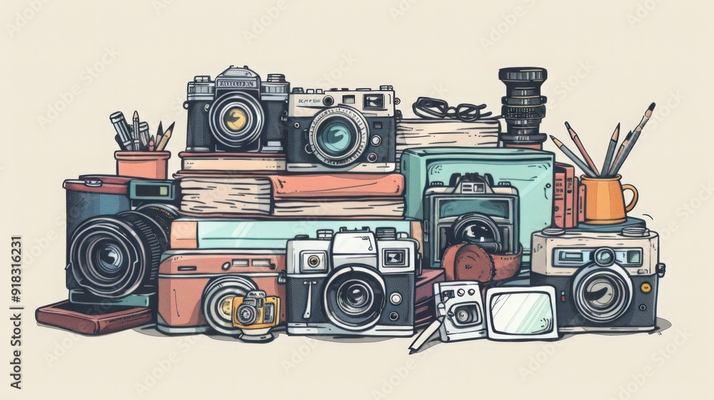 Fototapeta premium hand-drawn doodles of vintage cameras, books, and artistic tools, celebrating creativity, nostalgia
