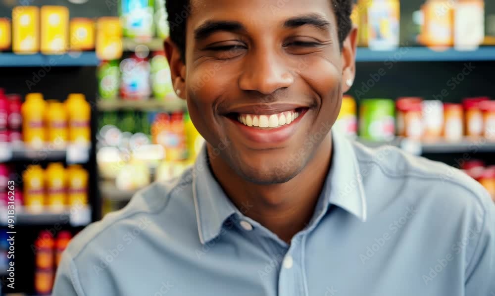Head and shoulders video of a cheerful convenience store clerk serving customers in a vibrant shop Head and shoulders video of a cheerful convenience store clerk serving customers in a vibrant shop