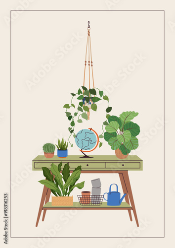 Potted plants on a new home greeting card, print, or poster. Housewarming party invitation with interior scene. New place to live in postcard with house plants in flowerpots. Flat vector illustration.