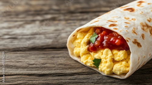 Breakfast burrito with scrambled eggs, cheese, and salsa photo