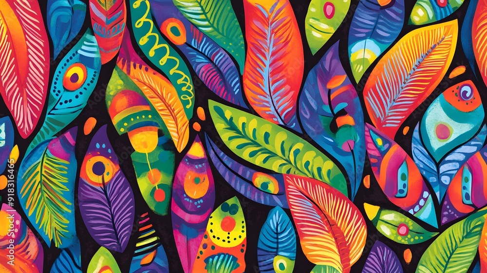 Mexican Art-Inspired Stylized Feather Pattern, Vibrant Color Palette, Ideal for Seamless Tiling Mexican Art-Inspired Stylized Feather Pattern, Vibrant Color Palette, Ideal for Seamless Tiling