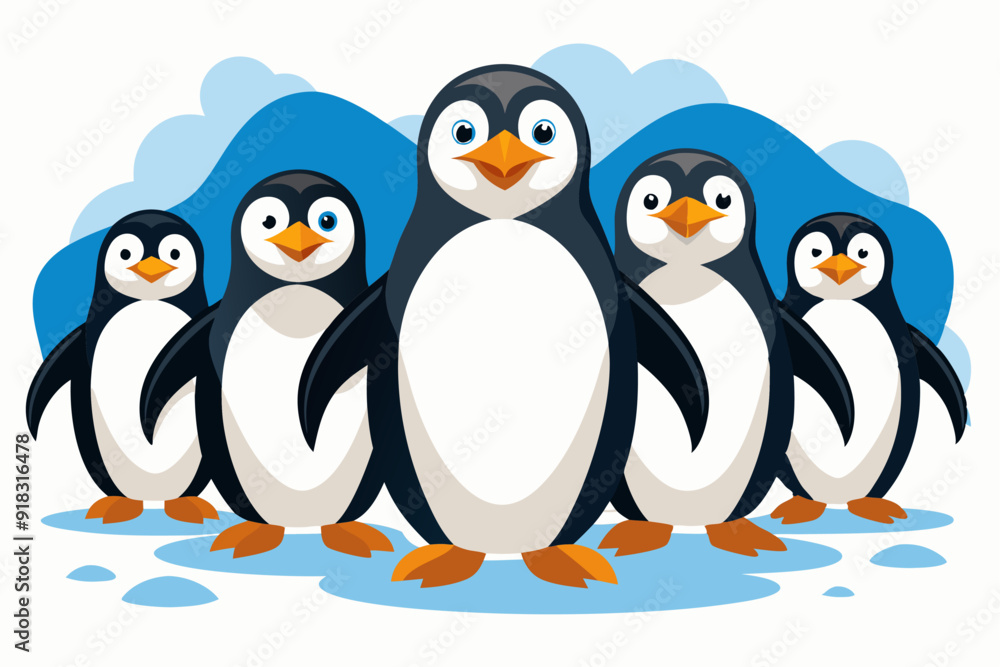 Five Penguins Standing Together on Ice Five Penguins Standing Together on Ice