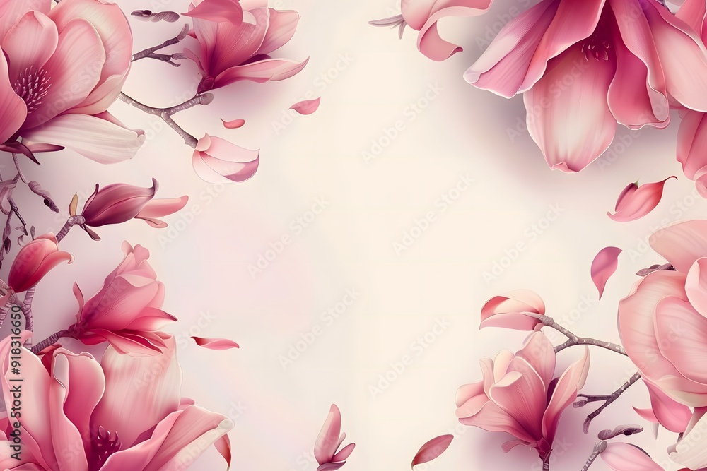 Soft pink magnolia flowers on a white background with petals floating around them. Template for cover, greeting and invitation cards. Soft pink magnolia flowers on a white background with petals floating around them. Template for cover, greeting and invitation cards.