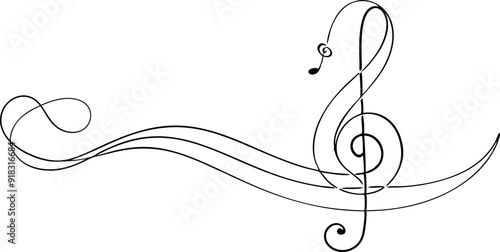 continuous single line drawing of music notes and treble clef, abstract sheet music line art vector illustration