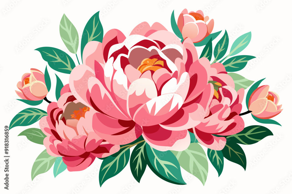 A vibrant bouquet of pink peonies with green leaves A vibrant bouquet of pink peonies with green leaves