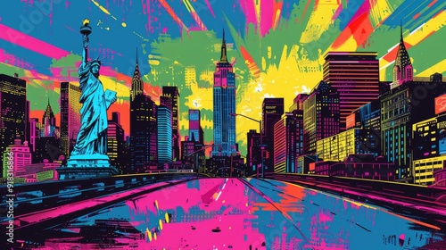 A vibrant, abstract cityscape with colorful brushstrokes depicting New York City landmarks.