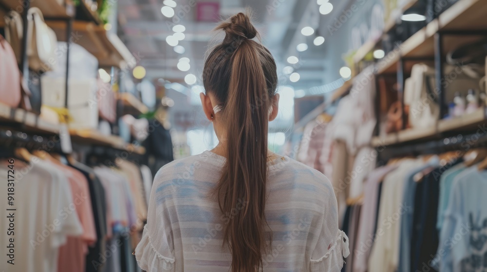 Casual woman with a ponytail, browsing through clothes at a trendy boutique. Casual woman with a ponytail, browsing through clothes at a trendy boutique.
