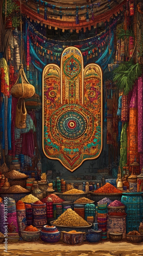 Fototapeta premium Hamsa Hand Desert Market Judaism, Islam Religion Spiritual Symbol - Generative AI