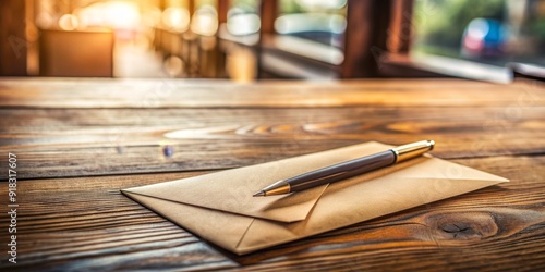 A Pen and Envelope Resting on a Wooden Table, Close-up, Rustic, Wooden Table, Vintage, Stationery , letter photo