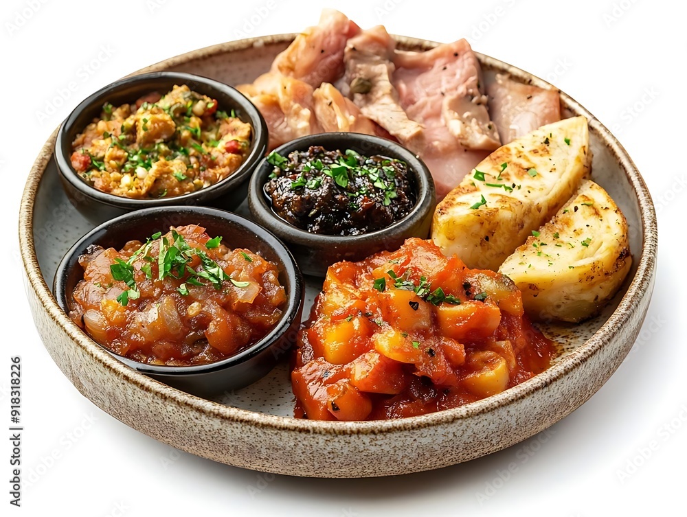 Delicious Appetizer Plate with Grilled Fish, Sauces, and Fried Bread - Food Photography Delicious Appetizer Plate with Grilled Fish, Sauces, and Fried Bread - Food Photography