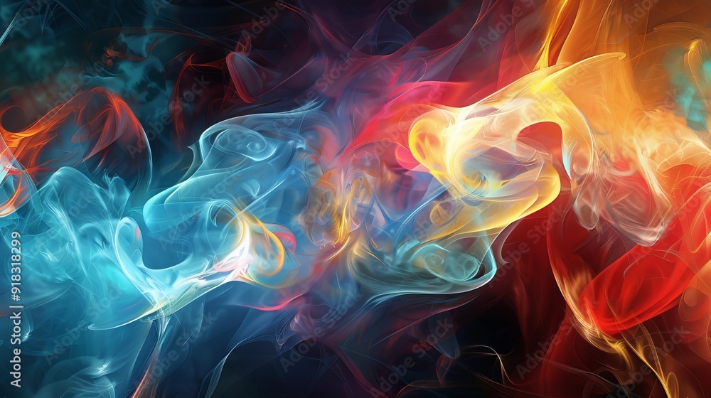 Colorful swirling smoke patterns on a dark background created during a creative arts demonstration Colorful swirling smoke patterns on a dark background created during a creative arts demonstration