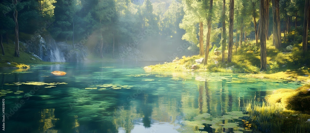 Fototapeta premium Sunbeams illuminate a tranquil forest pond, surrounded by lush greenery.