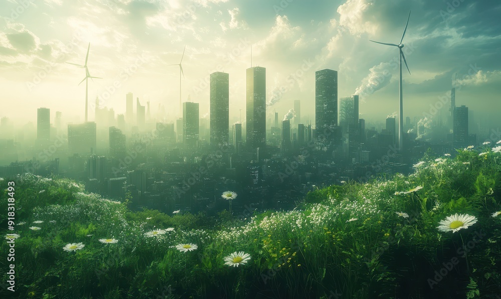 Futuristic cityscape with renewable energy sources, symbolizing the new economy Futuristic cityscape with renewable energy sources, symbolizing the new economy