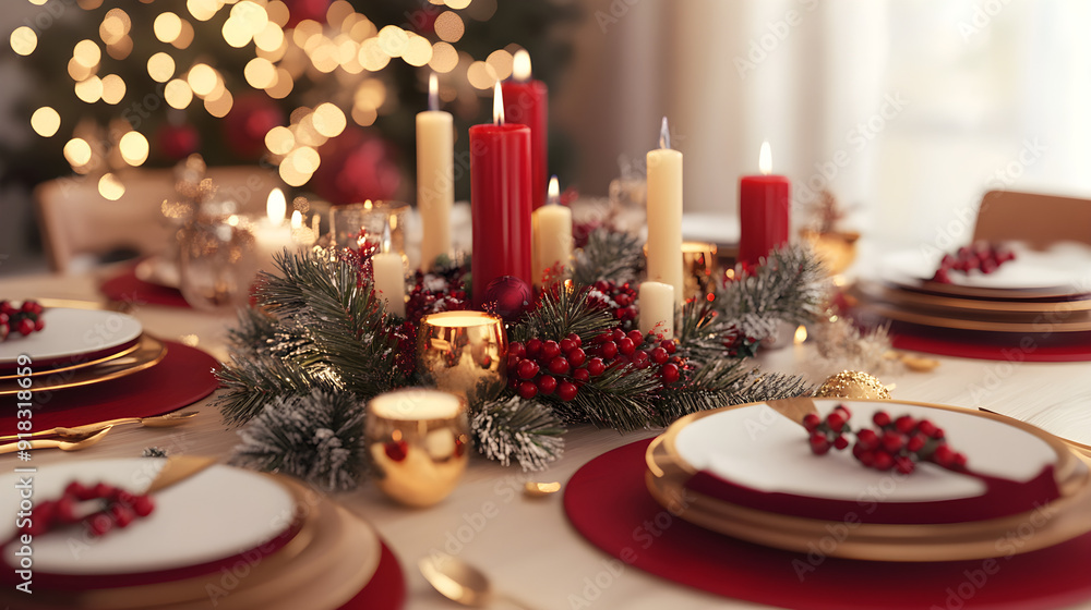 Naklejka premium A beautifully set holiday dining table adorned with elegant plates, candles, and festive decorations creating a warm and inviting atmosphere