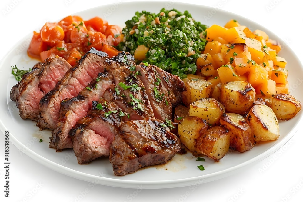 Grilled Steak with Roasted Potatoes, Butternut Squash, and Green Salad - Photo Grilled Steak with Roasted Potatoes, Butternut Squash, and Green Salad - Photo