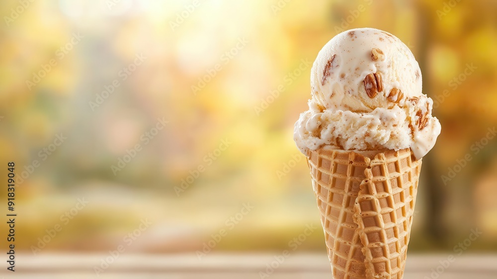 A cone of pecan praline ice cream melting over a golden waffle cone, with a background of a sunlit autumn forest path, in a dreamy, impressionistic style, with soft, diffused light A cone of pecan praline ice cream melting over a golden waffle cone, with a background of a sunlit autumn forest path, in a dreamy, impressionistic style, with soft, diffused light