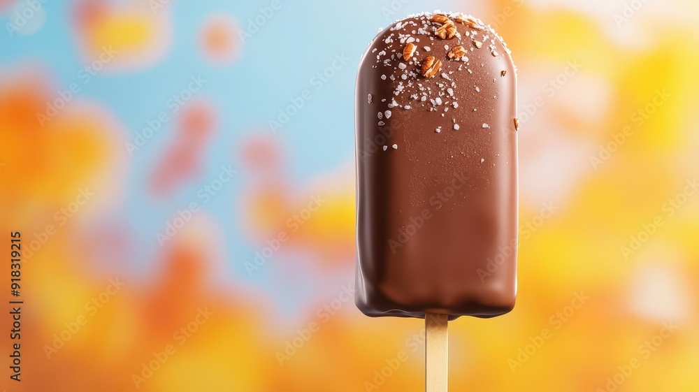 Obraz premium A detailed close-up of a maple pecan ice cream bar, coated with chocolate and sprinkled with sea salt, against a backdrop of warm autumn colors, in a hyper-realistic style.