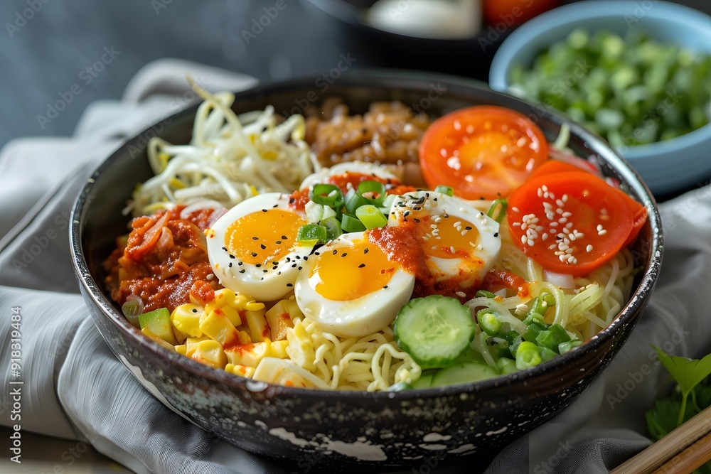 Delicious Ramen Noodles with Eggs, Tomatoes, and Spring Onions Delicious Ramen Noodles with Eggs, Tomatoes, and Spring Onions