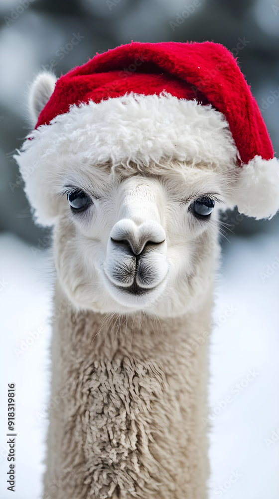 Obraz premium A cute alpaca wearing a festive red Christmas hat poses for a portrait against a snowy background, exuding charm and holiday spirit
