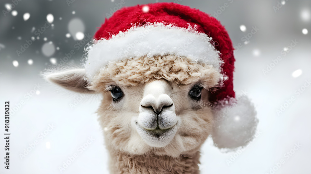 A cute alpaca wearing a red and white Christmas hat smiles softly in a snowy landscape with gentle falling snowflakes A cute alpaca wearing a red and white Christmas hat smiles softly in a snowy landscape with gentle falling snowflakes
