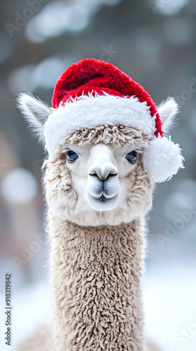 A cute alpaca wearing a festive red and white Christmas hat poses for a portrait amidst a soft, snowy background