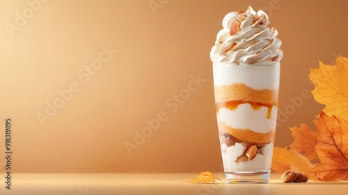 An elegant ice cream parfait with layers of spiced pumpkin, maple, and roasted chestnut, served in a tall glass, with a background of autumn foliage, in a luxurious, detailed illus