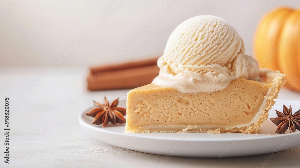 Close-up of a scoop of gingerbread ice cream melting on a slice of pumpkin pie, with cinnamon sticks and star anise in the background, in a hyper-realistic style with warm lighting Close-up of a scoop of gingerbread ice cream melting on a slice of pumpkin pie, with cinnamon sticks and star anise in the background, in a hyper-realistic style with warm lighting