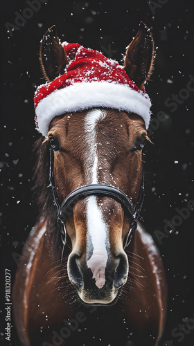 A cute horse wearing a red and white Christmas hat poses against a snowy backdrop, embodying festive cheer and holiday spirit