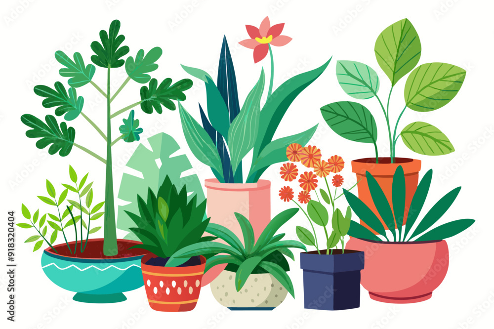 Obraz premium Colorful Potted Plants with Green Leaves and Flowers