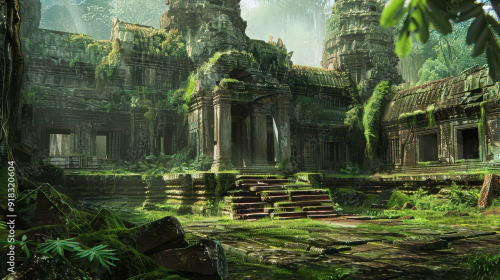 The ancient ruins of Angkor Wat partially covered in lush green moss, The ancient ruins of Angkor Wat partially covered in lush green moss,