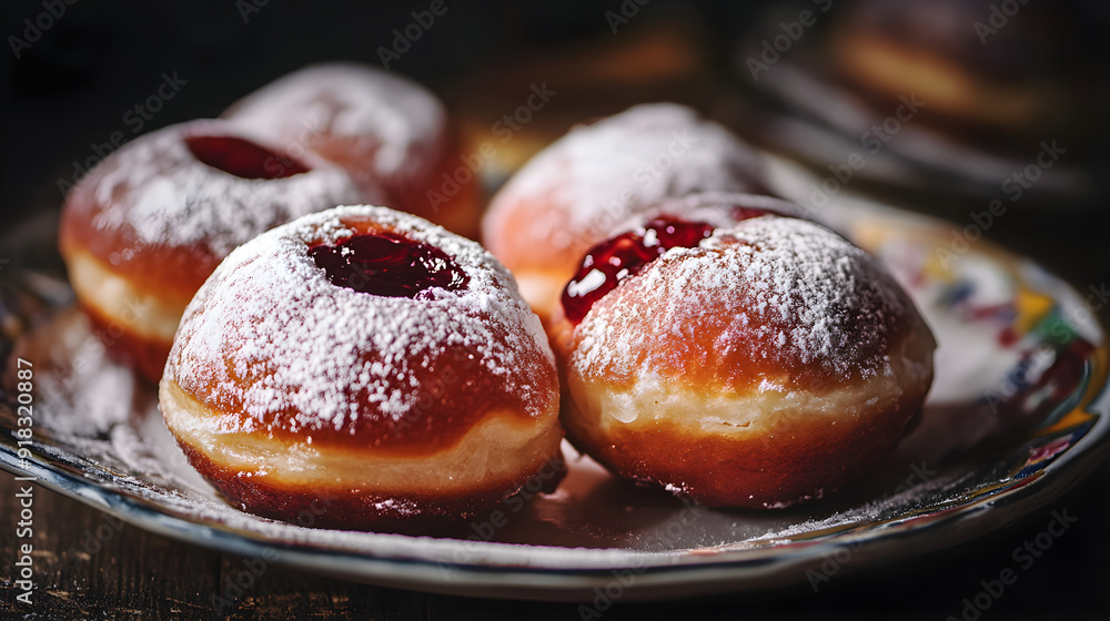 Fried sufganiyot filled with sweet red jelly and dusted with powdered sugar are placed on a decorative plate with a warm, inviting ambiance Fried sufganiyot filled with sweet red jelly and dusted with powdered sugar are placed on a decorative plate with a warm, inviting ambiance