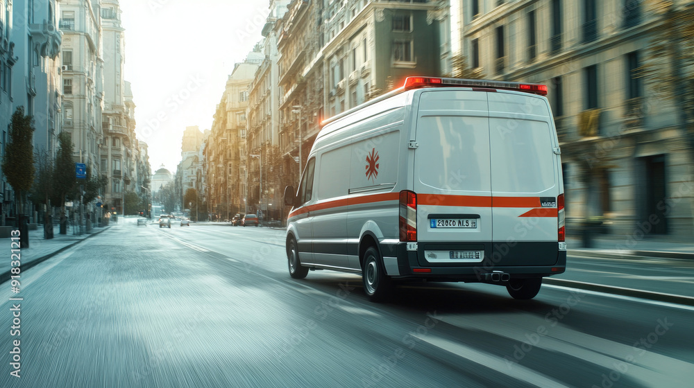 Modern Ambulance Racing Down City Street - Rear View Modern Ambulance Racing Down City Street - Rear View