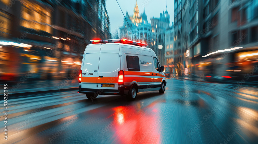 Modern Ambulance Racing Down City Street - Rear View Modern Ambulance Racing Down City Street - Rear View