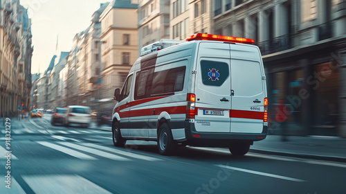 Modern Ambulance Racing Down City Street - Rear View