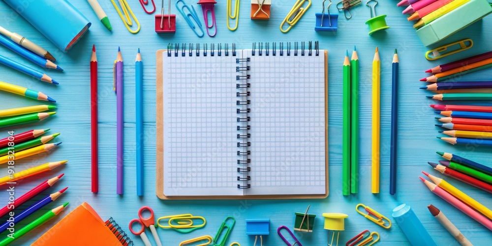 Colorful School Supplies on Blue Wooden Background Notebook, Pencils, Paperclips, and More, school supplies, stationery, education Colorful School Supplies on Blue Wooden Background Notebook, Pencils, Paperclips, and More, school supplies, stationery, education